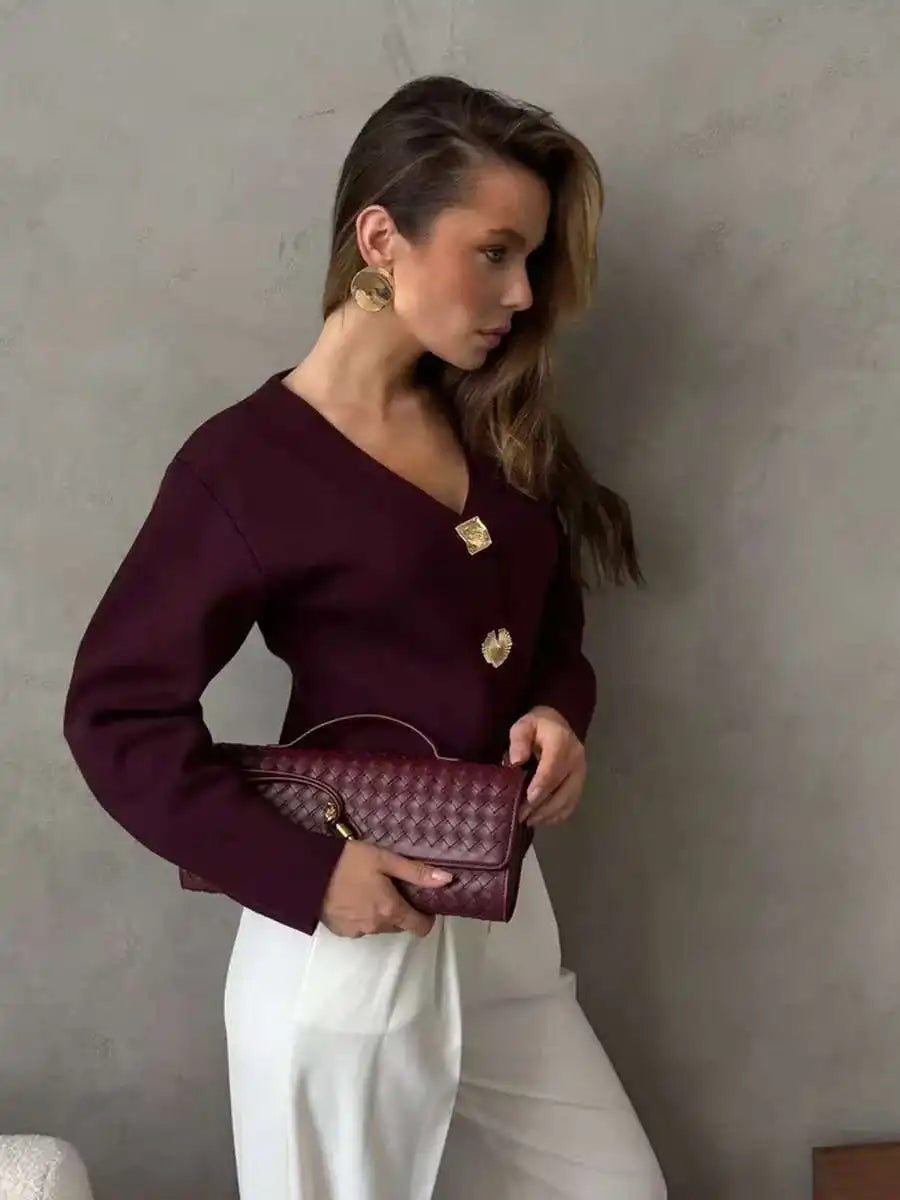 Fashion Simple Commuting Button V-neck Short Knitted Cardigan 2025 New Autumn and Winter Women's Solid Long-sleeved Sweater