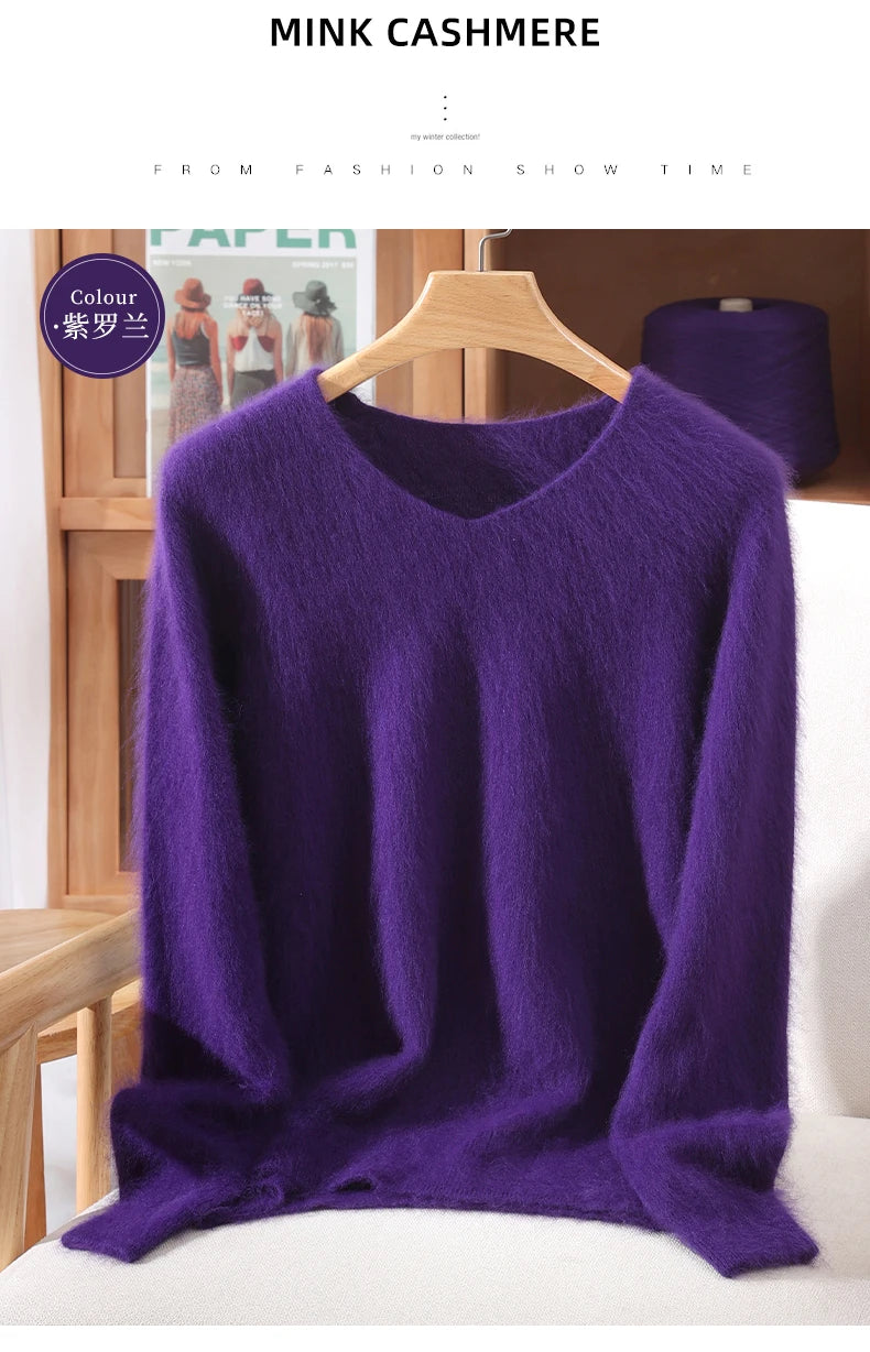 Autumn And Winter New High-End Female Mink Cashmere Sweater Solid Color Long-Sleeved Wool Knit Bottoming Sweater Loose Top