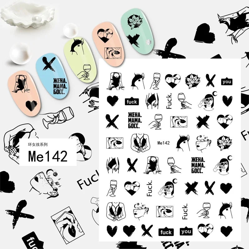 Black and white nail art stickers by Blushimmer featuring sexy woman and girl designs for press-on or body decoration.