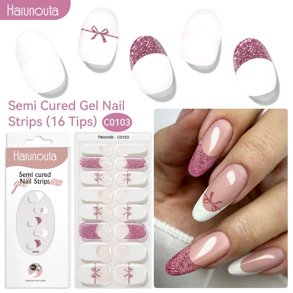 Blushimmer Harunouta 16-strip gradient red marble gel nail strips with gold lines, semi-cured DIY gel polish stickers for UV/LED nails