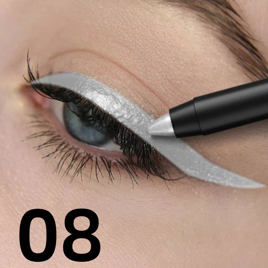 Colorful metallic eyeliner pen with 10 shades, high pigment, waterproof, pearl shimmer, ideal for smoky or gothic makeup looks.