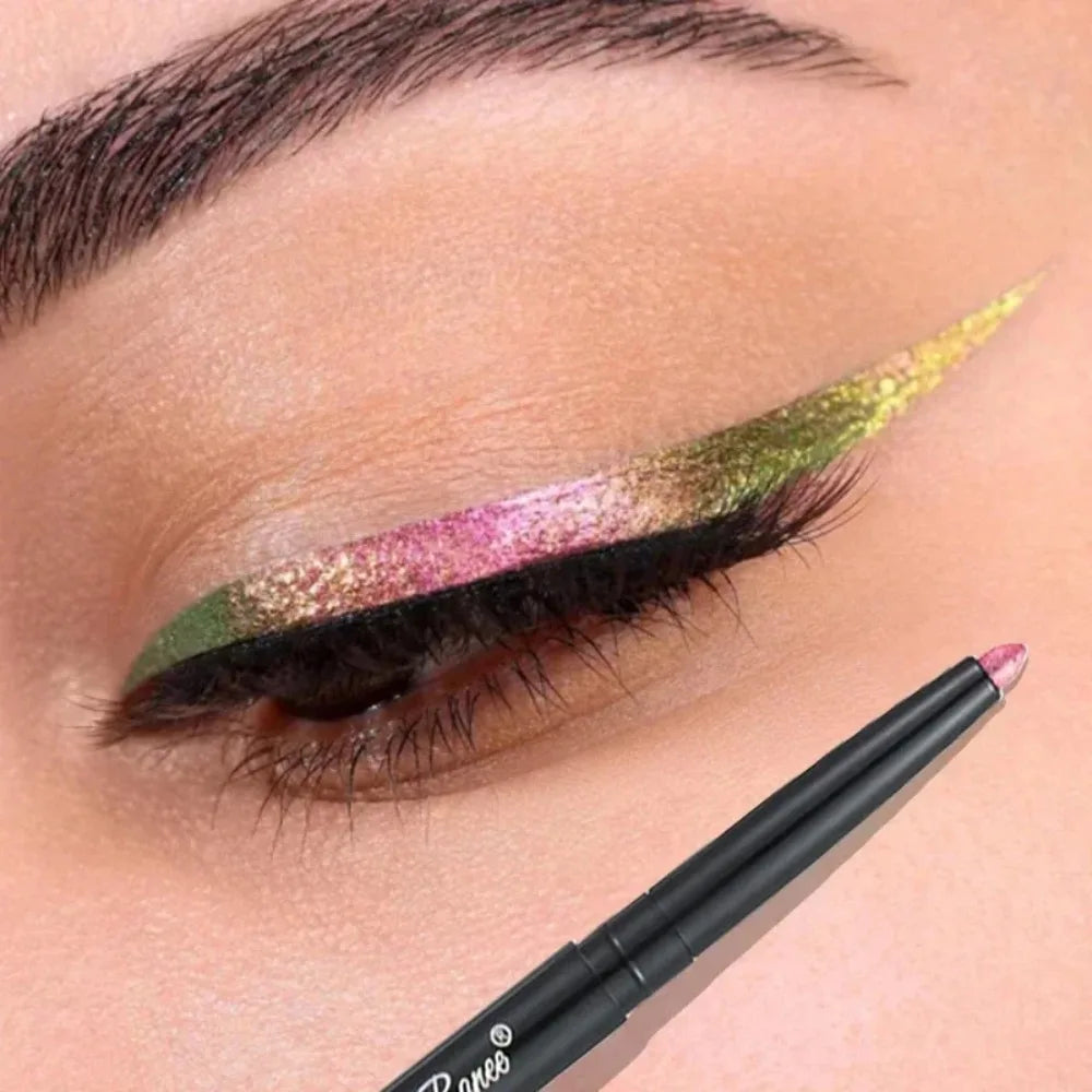 Blushimmer Glitter Aurora Eyeliner Pen with multi-chrome shimmer in green and purple, shiny metallic finish for eye makeup.