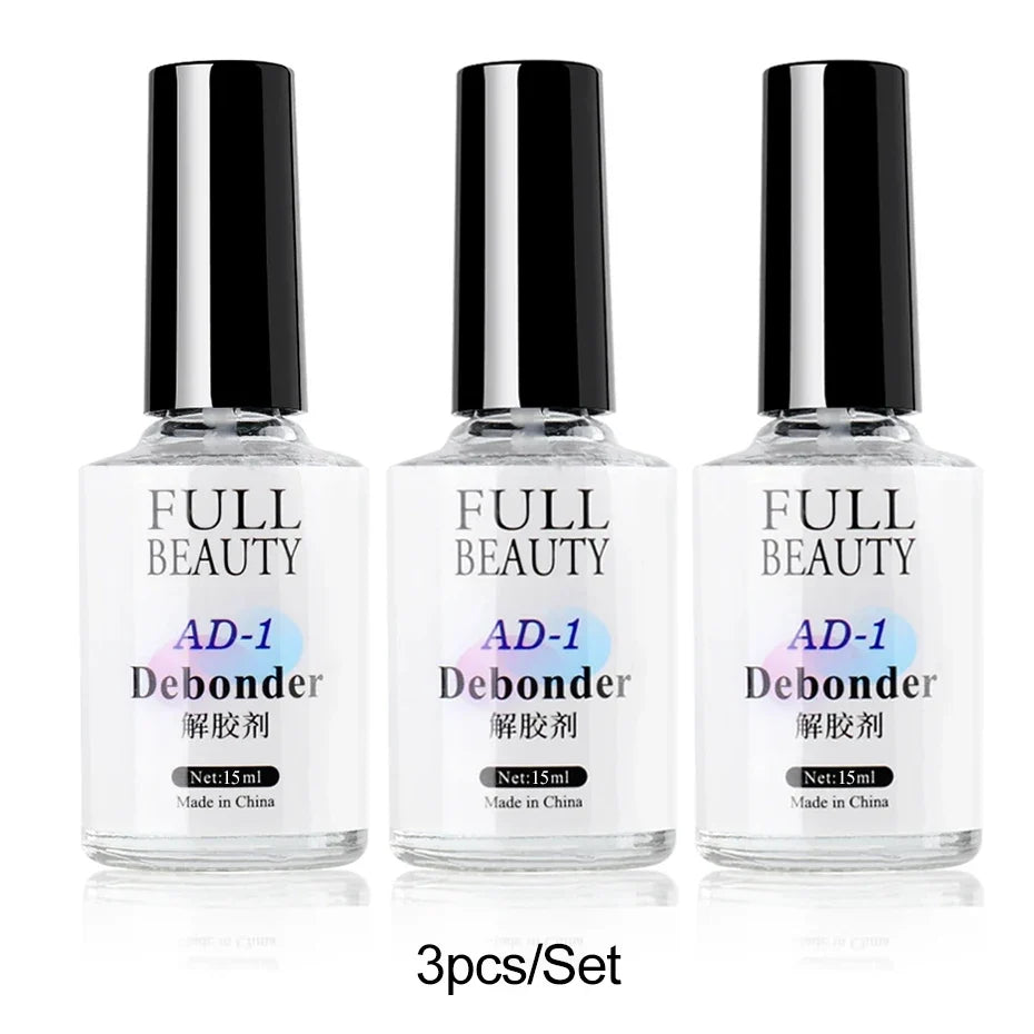 Blushimmer 15ml nail glue remover for false nails and gel, with a bottle of dissolving liquid and false nail tips on a white background.