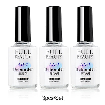 Blushimmer 15ml nail glue remover for false nails and gel, with a bottle of dissolving liquid and false nail tips on a white background.