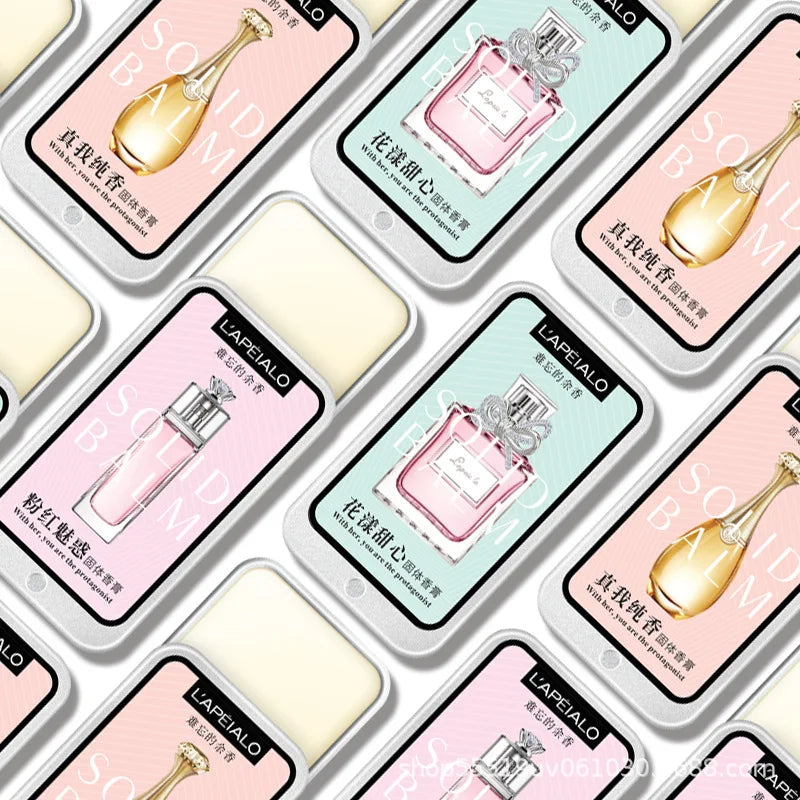 Blushimmer woman pheromone perfume solid balm in a portable, long-lasting fragrance container, showing the light perfume balm inside.