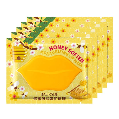 Blushimmer collagen lip mask set with moisturizing fruit essence, firming and anti-wrinkle lip patches on clear skin.