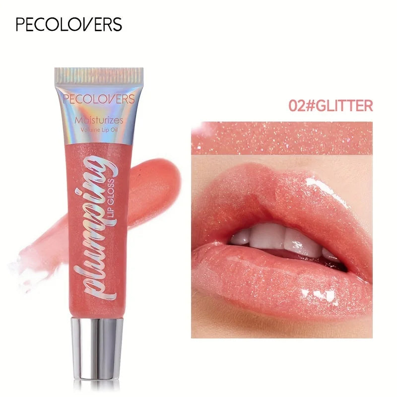 Blushimmer glitter lip gloss tube with moisturizing fruit lip oil, clear fullness tint, soft applicator for smooth lip makeup.