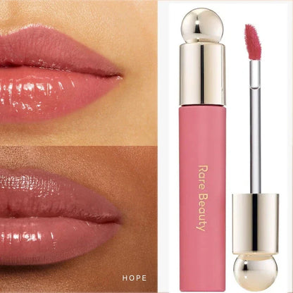 Blushimmer Rare Beauty Melting Cream Blush with pearlescent texture, glitter highlight, and nourishing lip gloss in a sleek container.