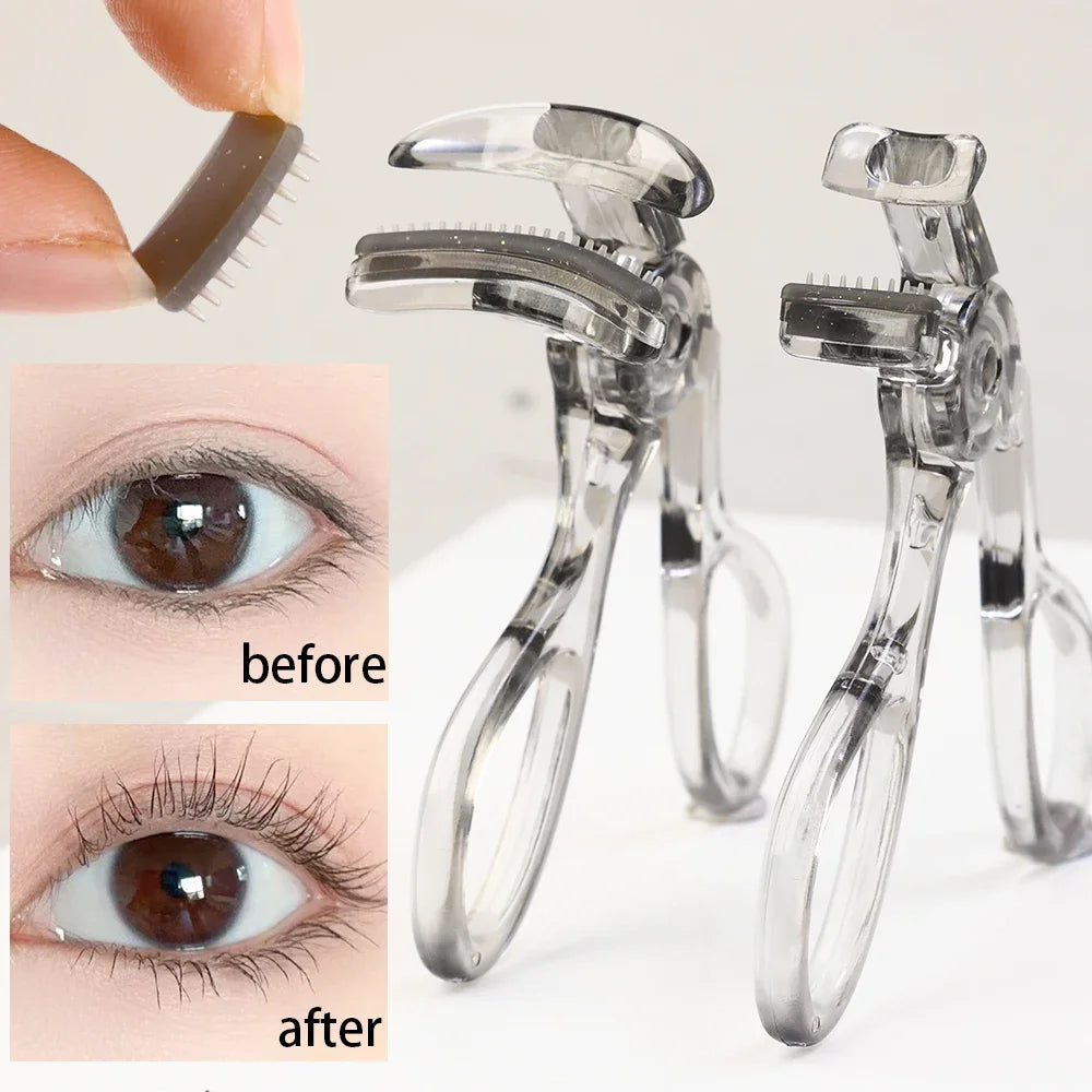 Blushimmer professional frameless eyelash curler with refill pad and long-lasting shaping comb for natural curl and lash enhancement.