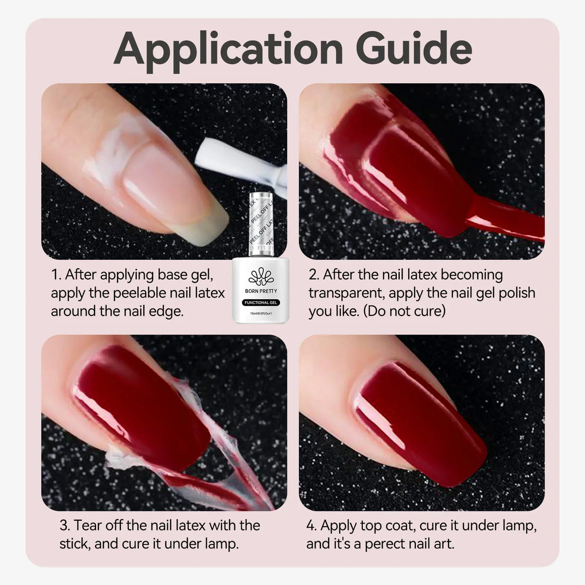 Blushimmer Born Pretty 15ml peel-off nail latex tape gel polish with quick-dry, anti-freezing formula and finger protector tool.