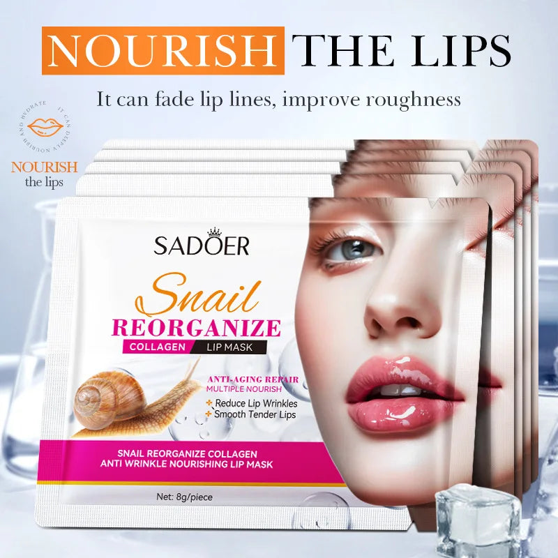 10pcs SADOER snail collagen lip masks by Blushimmer for nourishing, moisturizing, and plumping lips with anti-wrinkle benefits.