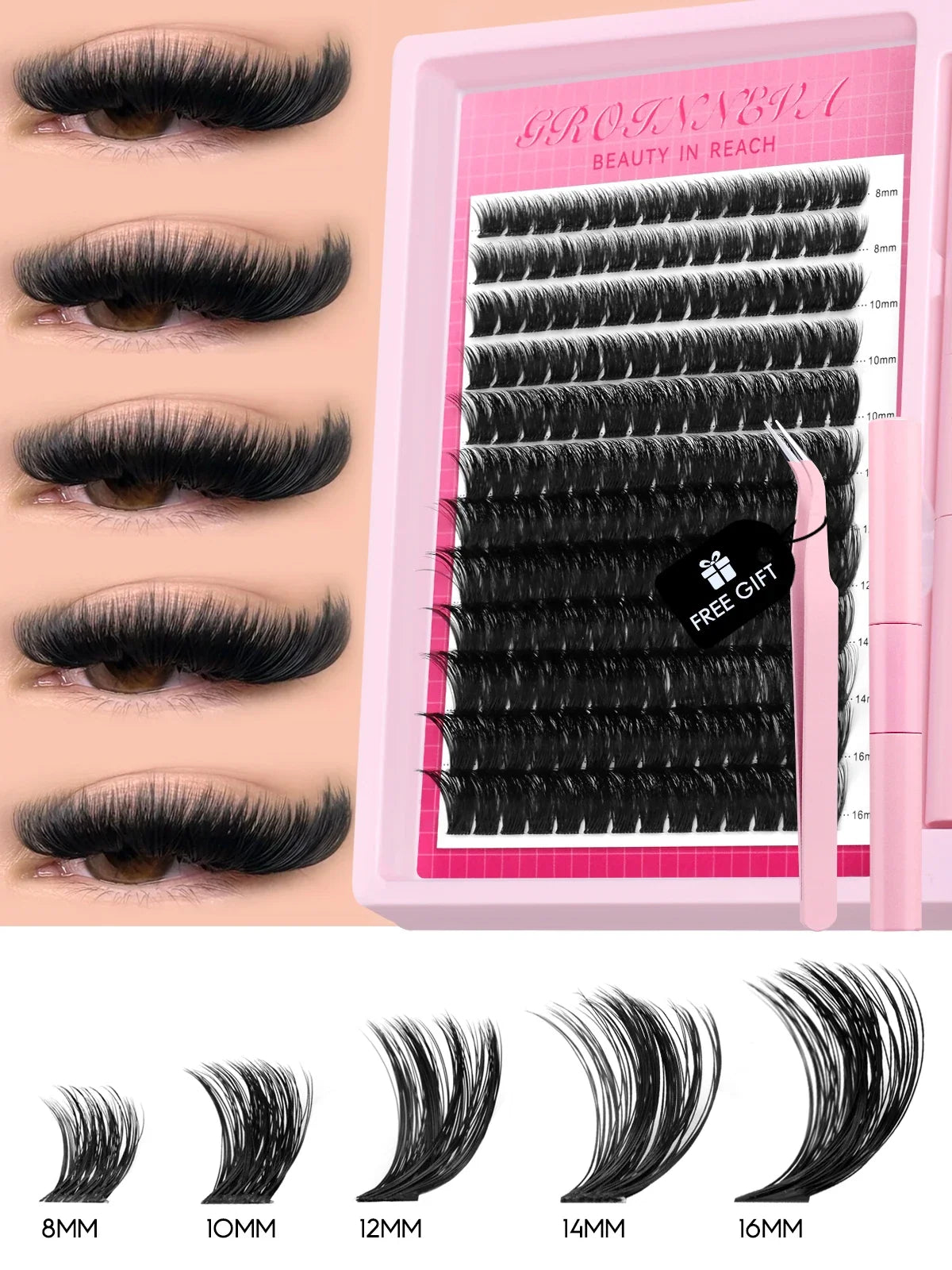 Blushimmer lash clusters kit with fluffy C curl individual eyelash extensions in 10-18mm, including lash bond and seal for DIY application.