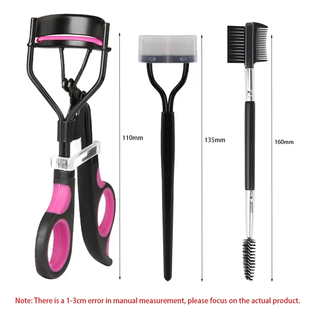 Blushimmer eyelash curler set with replacement pads, tweezers, clips, mascara wands, and makeup brushes for women’s eyelash curling.