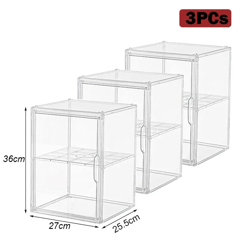 Clear acrylic storage box organizer by Blushimmer for figures, makeup, and blind box display with large capacity.