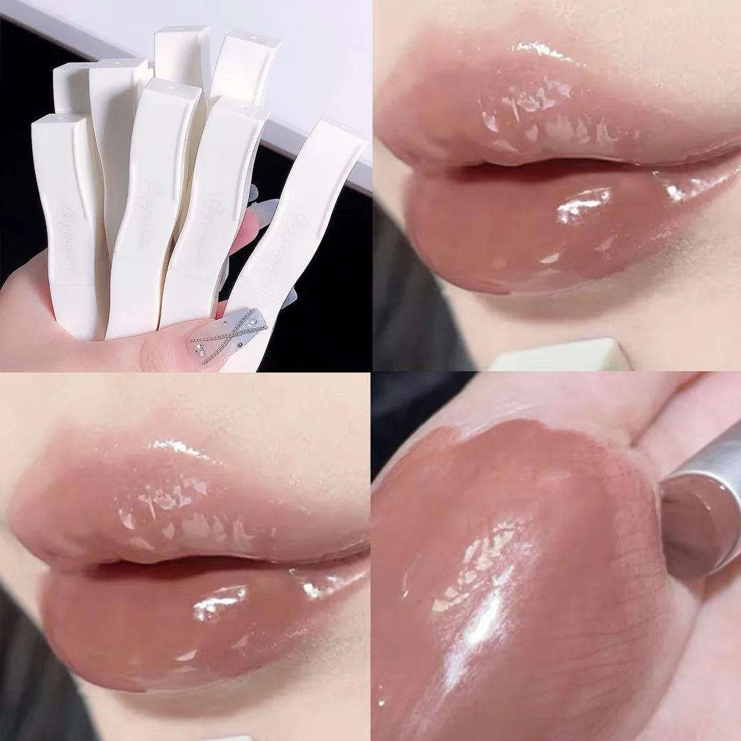 Blushimmer mirror lip gloss in six colors, featuring moisturizing nude shades in transparent tubes with floral design, long-lasting lipstick.