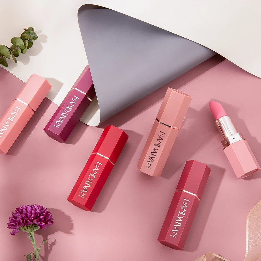 Blushimmer 6-color matte lipstick set with long-lasting, waterproof, smudge-proof velvet finish in sleek tubes.