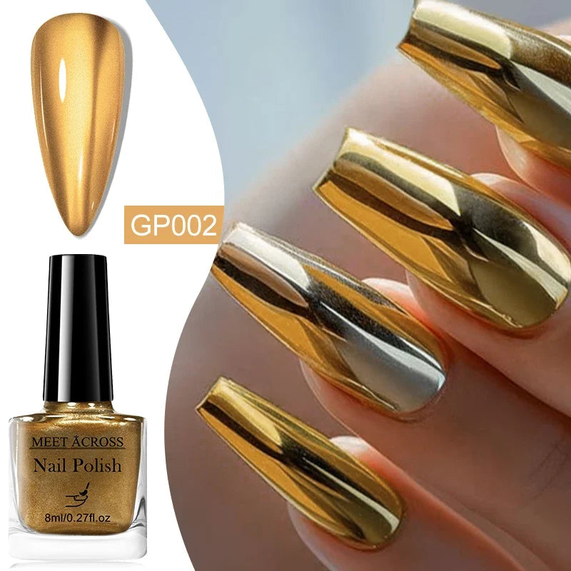 Blushimmer 8ml mirror metallic nail polish bottle with glossy finish, ideal for air-dry, long-lasting DIY manicure designs.