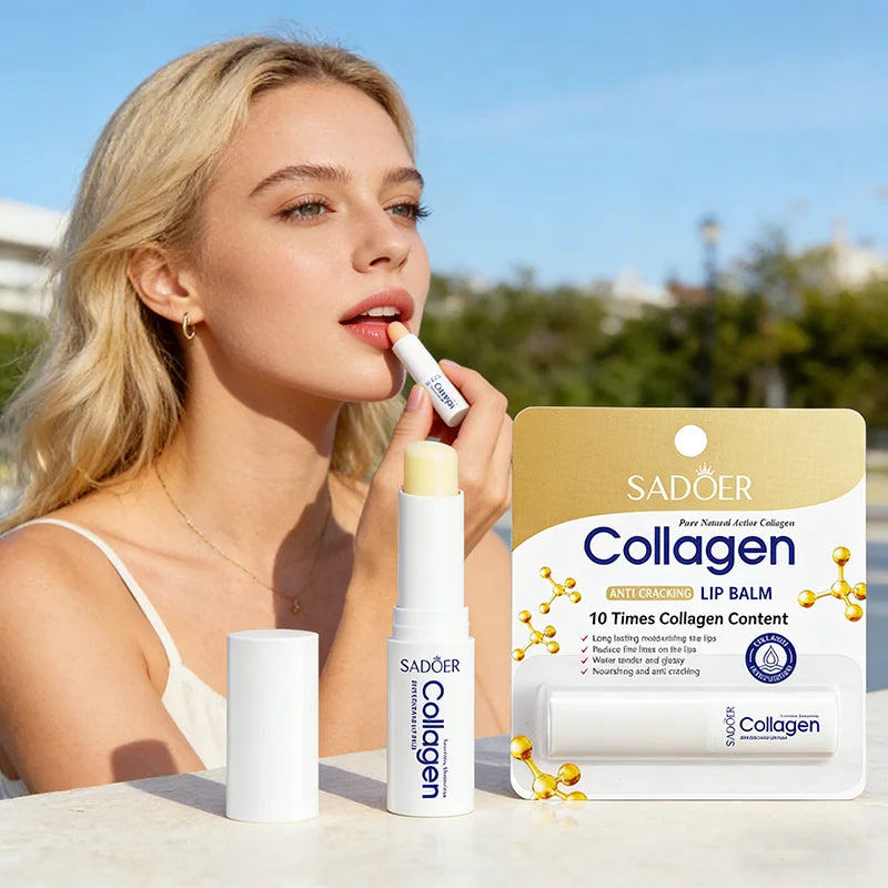 Blushimmer SADOER collagen lip balm showing a tube with moisturizing, brightening, and nourishing properties for soft lips.