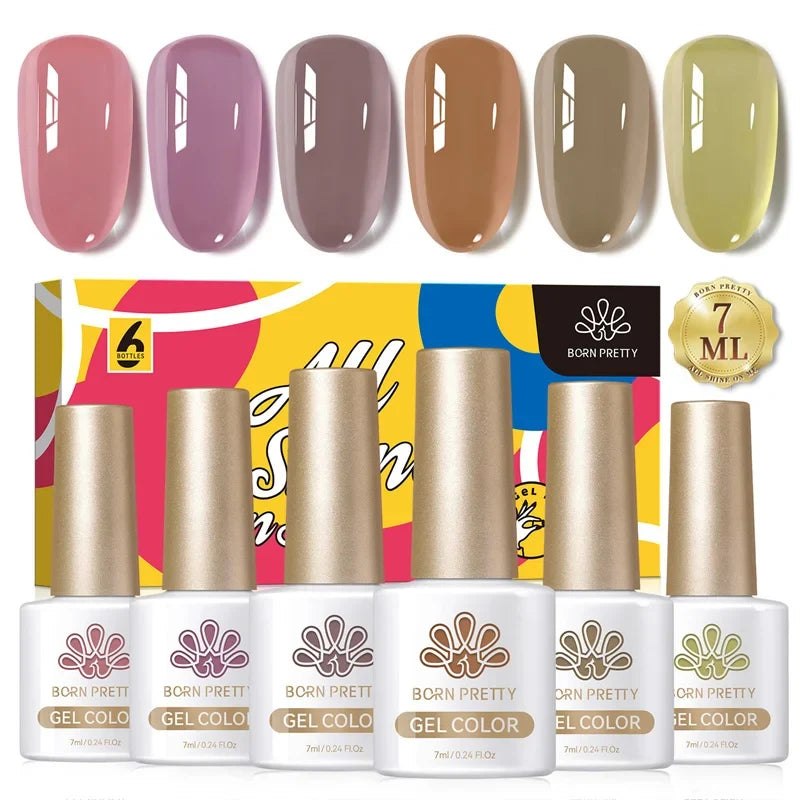 Six-piece Born Pretty Crystal Amber Gel Nail Polish set in pink and nude shades for semi-permanent UV and LED manicures.
