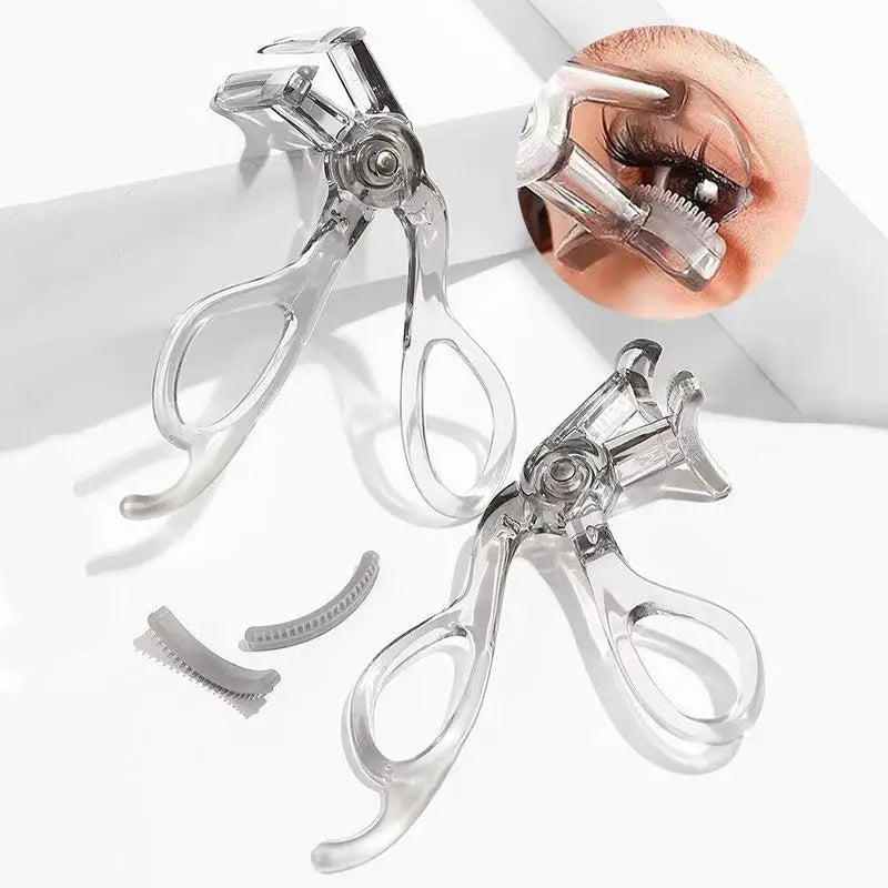 Blushimmer professional eyelash curler with wide-angle, frameless design and toothed comb for natural, lasting curl in a portable style.