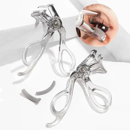 Blushimmer professional eyelash curler with wide-angle, frameless design and toothed comb for natural, lasting curl in a portable style.