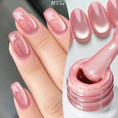 Pink glass bead cat magnetic gel nail polish from Blushimmer with spring moonlight jelly finish, semi-permanent soak-off manicure.