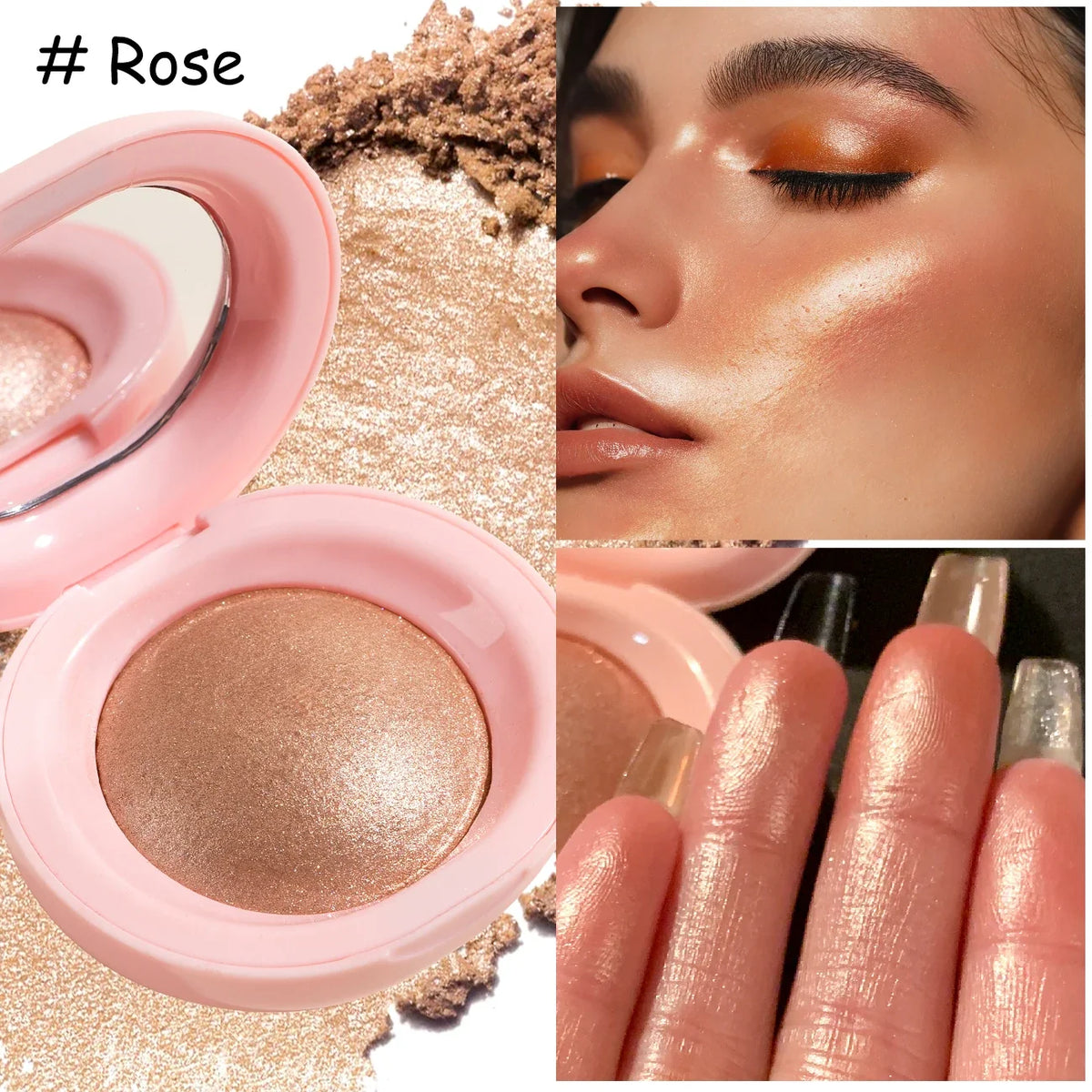 Blushimmer baked highlighter palette with radiant glitter eyeshadow and pressed powder for glowing, highly pigmented illumination.