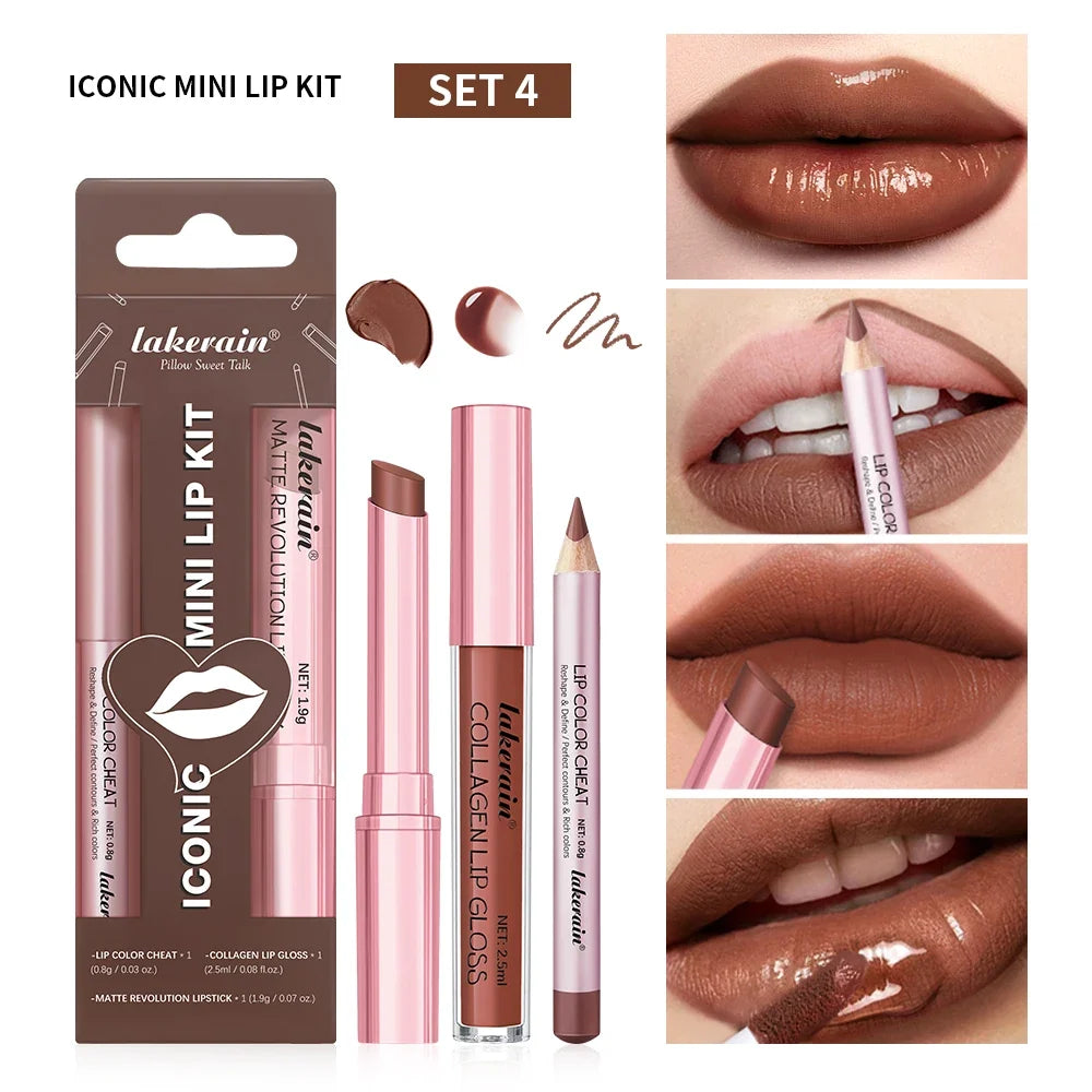 Blushimmer 3-piece lipstick, lipliner, and lip gloss set featuring waterproof, long-lasting, matte lip makeup in mini travel sizes.