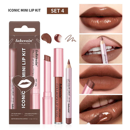 Blushimmer 3-piece lipstick, lipliner, and lip gloss set featuring waterproof, long-lasting, matte lip makeup in mini travel sizes.