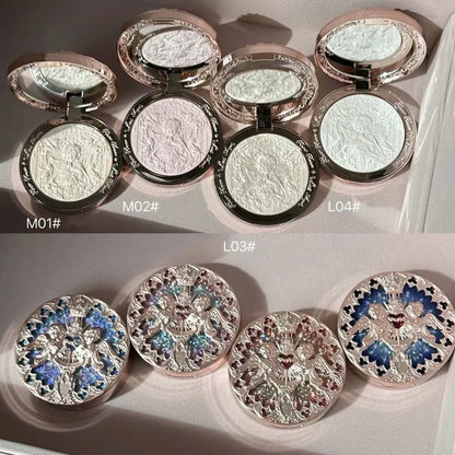 Blushimmer Little Angel Collection face powder palette with highlighter, contour, and illuminator for makeup contouring and highlighting.