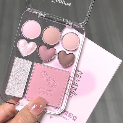 Blushimmer 8-color pink and orange eyeshadow palette with blush and highlighter, heart-shaped makeup, vibrant and brightening cosmetics