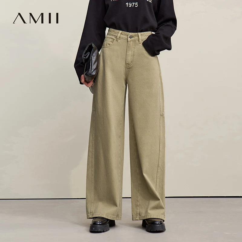 Amii Women Pants 2026 Spring New Casual Retro Denim 100% Cotton Wide-leg Trousers Loose Versatile Solid Women's Jeans 12641116