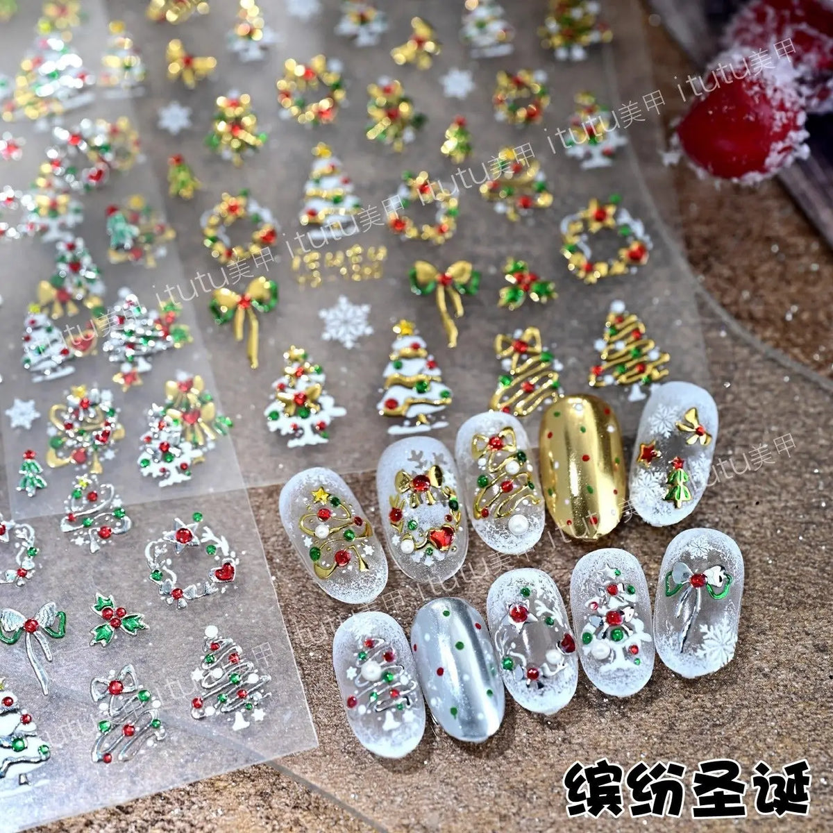 Silver snowflake Christmas nail stickers by Blushimmer on a winter-themed manicure with festive snowflake designs.