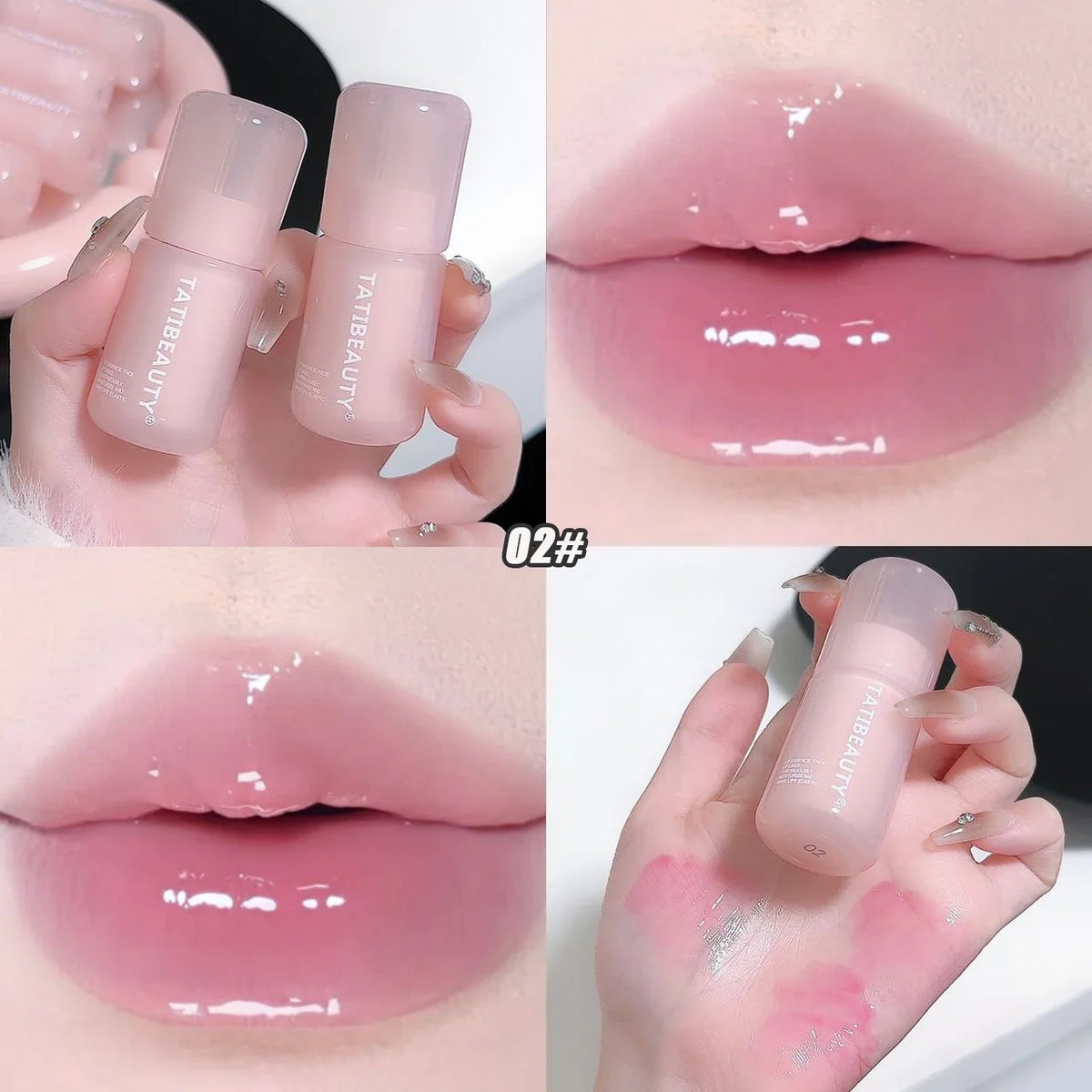Blushimmer DIKALU mirror water lip gloss featuring crystal jelly texture, hydrating and plumping colored lip tint on lips.