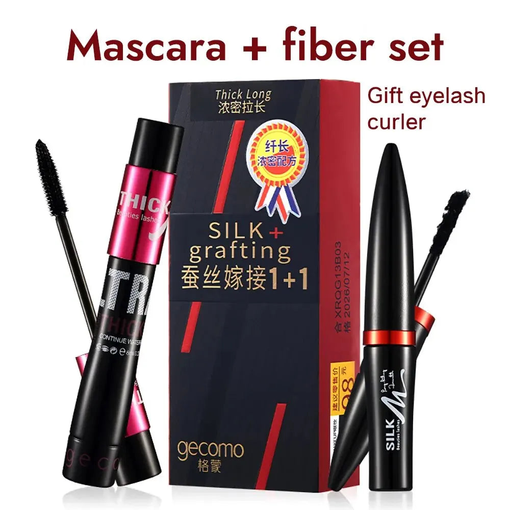 Blushimmer fiber mascara set with waterproof double tubes, long-lasting formula, creates naturally curled, smudge-proof eyelashes.
