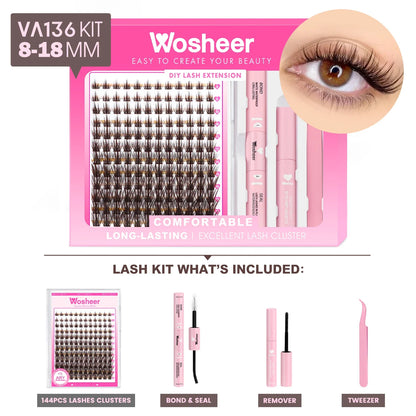 Blushimmer WOSHEER eyelash clusters kit with faux mink lashes, lash bond, seal, remover, and DIY eyelash extension tools.