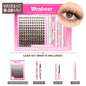 Blushimmer WOSHEER eyelash clusters kit with faux mink lashes, lash bond, seal, remover, and DIY eyelash extension tools.