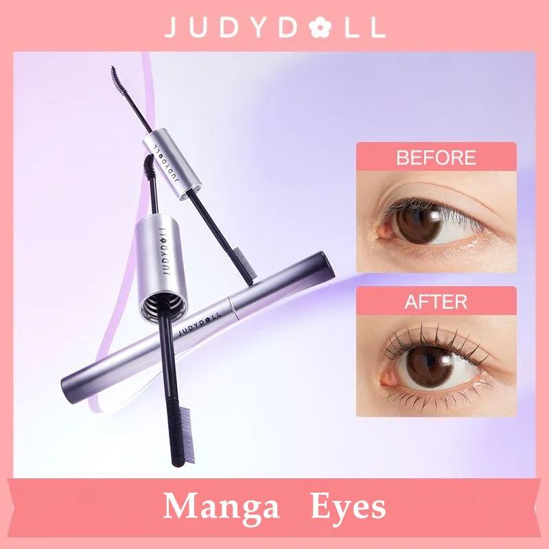 Judydoll waterproof dual-ended mascara by Blushimmer with fiber brush, offering volumizing, curling, and lengthening for clump-free lashes.