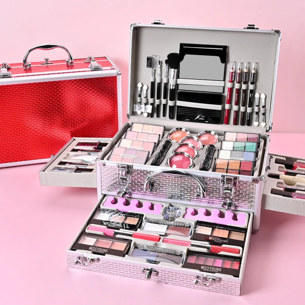 Blushimmer makeup gift set for women with face powder, eyeshadow palette, lipstick, brushes, highlighter, and bronzer.