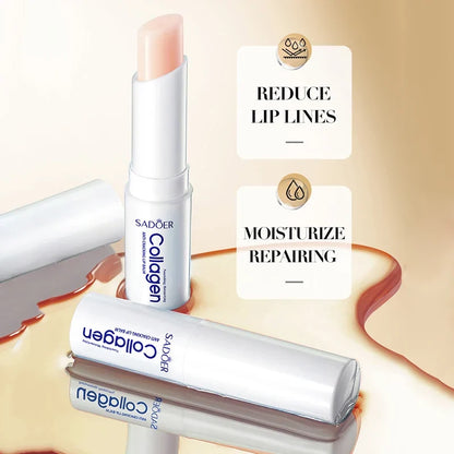 Blushimmer SADOER collagen lip balm showing a sleek tube with moisturizing, brightening, and nourishing lip care for soft lips.