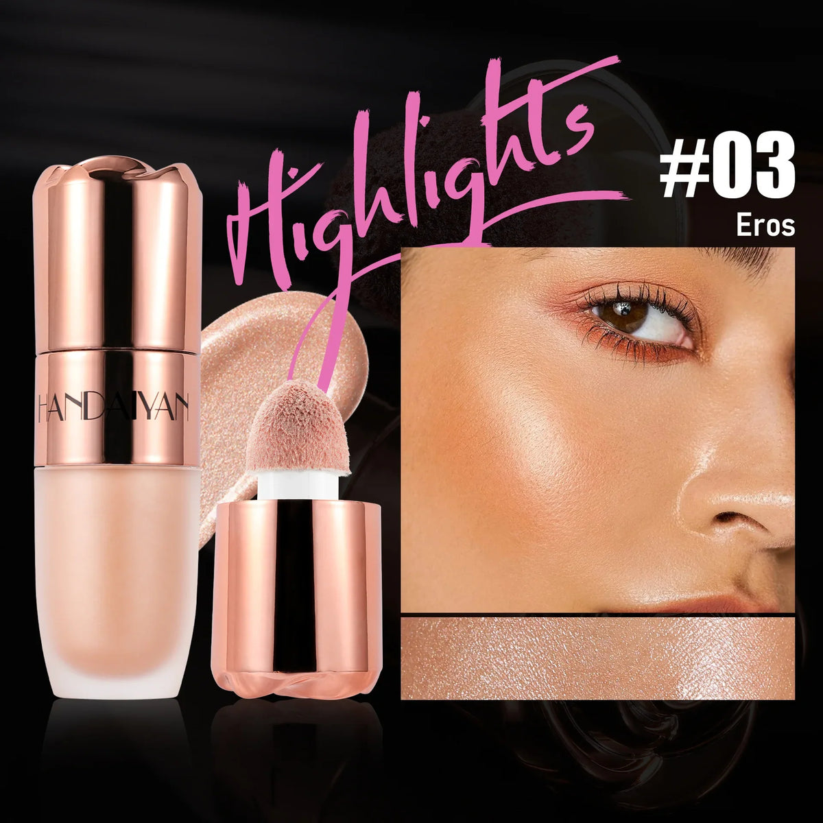 Blushimmer Liquid Highlighter Stick Rose Glow with soft sponge tip, 3D contour effect, long-lasting face and body makeup application.