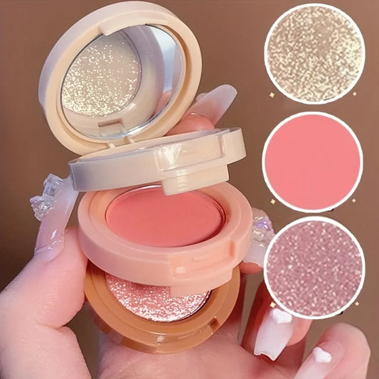 Blushimmer 3-in-1 makeup palette with matte and pearlescent blush, highlighter, and contouring shades in a three-layer compact.