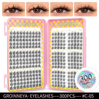 Blushimmer GROINNEYA eyelash clusters with 320 natural volume lash extensions on a mixed tray, perfect for professional eyelash extension.