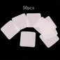 Set of 50 white and pink lint-free nail wipes by Blushimmer, super absorbent for gel polish removal and nail prep.