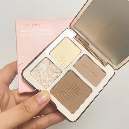 Blushimmer Judydoll facial highlighter makeup palette with matte shadows, shimmer powders, and contour for a glowing 3D nose and face.