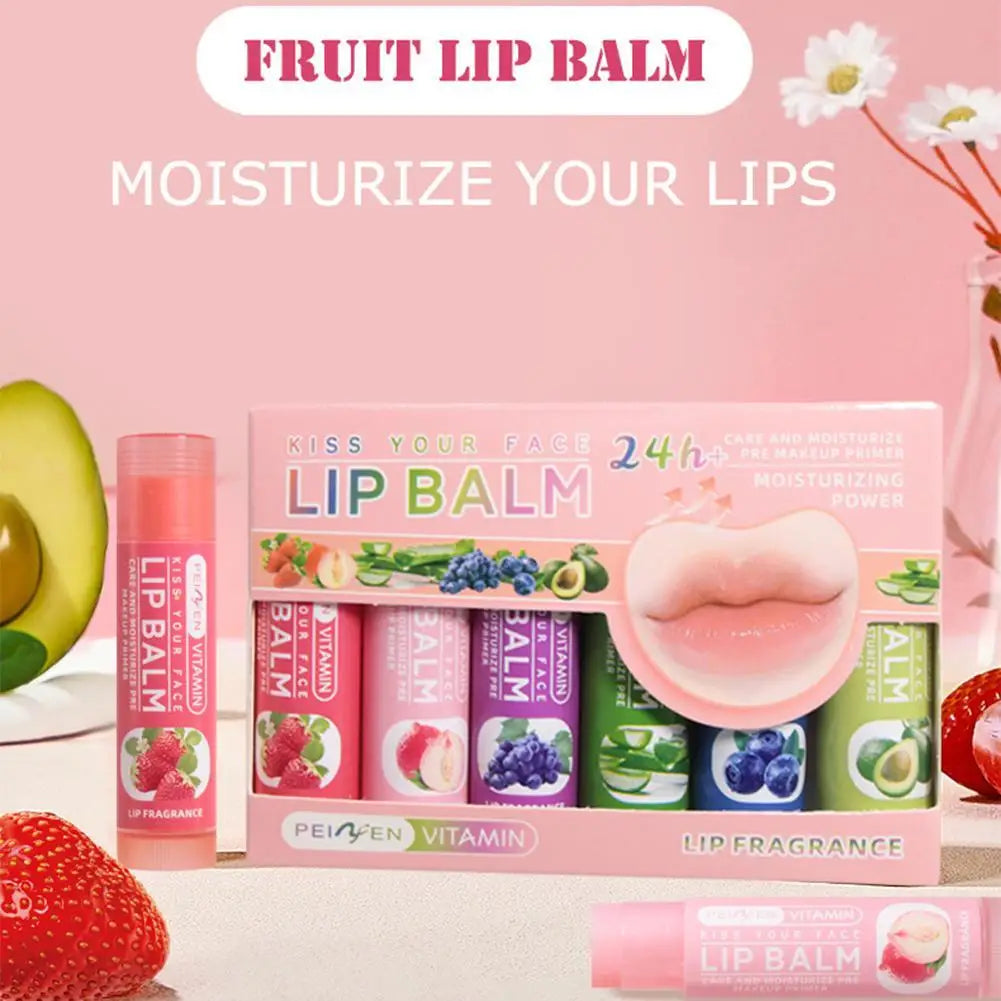 Six-piece natural fruit-colored lip balm set by Blushimmer featuring color-changing, moisturizing, glossy lip tints and nourishing lipsticks.