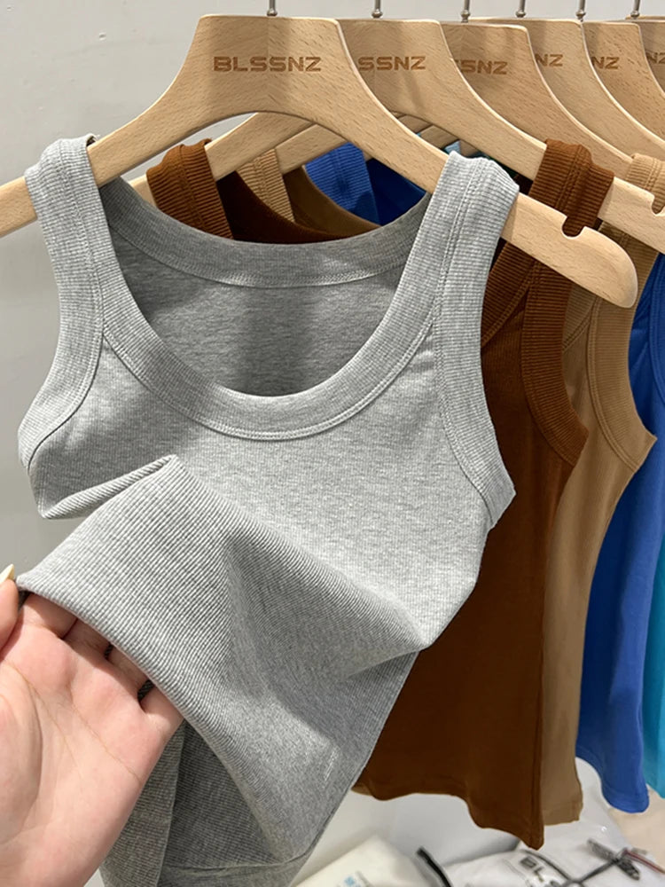 Zjaiss women's solid ribbed round neck tank top in beige, featuring a stretchy, basic summer camisole design.