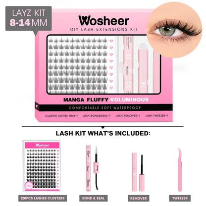 Blushimmer WOSHEER eyelash clusters kit with faux mink lashes, lash bond, seal, and remover for DIY eyelash extension application.