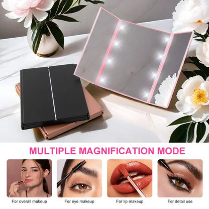 Blushimmer portable three-sided LED makeup mirror with adjustable lighting, perfect for travel and quick touch-ups.