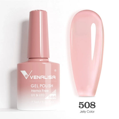 Blushimmer Venalisa HEMA TPO free nail gel polish with glitter, full coverage in pink nude, suitable for UV and LED French nails.